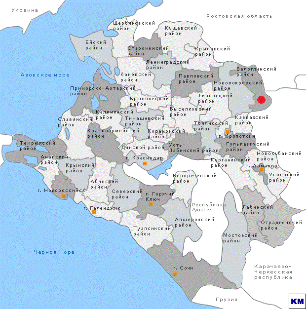 Белоглинский район на карте Краснодарского края
